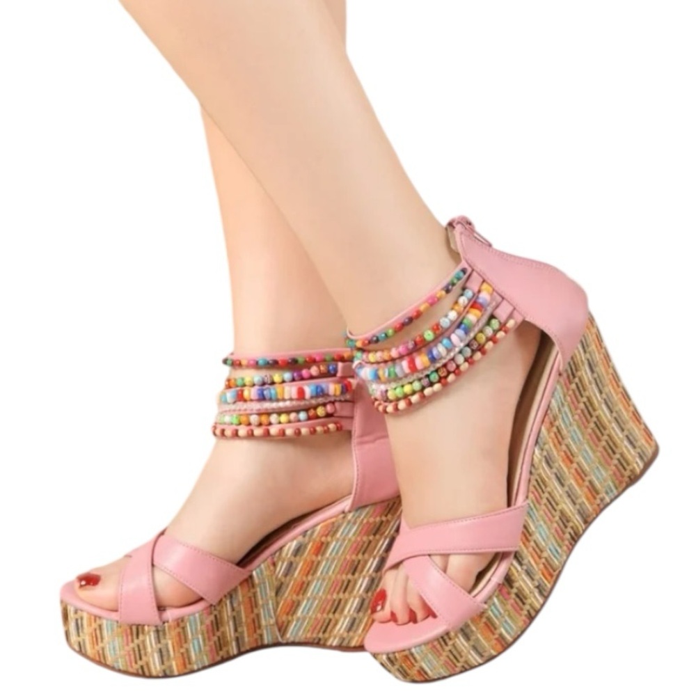 🌸 Pink Beaded Wedge Sandals – Size 37 EU – Excellent Used Condition 🌈, $45